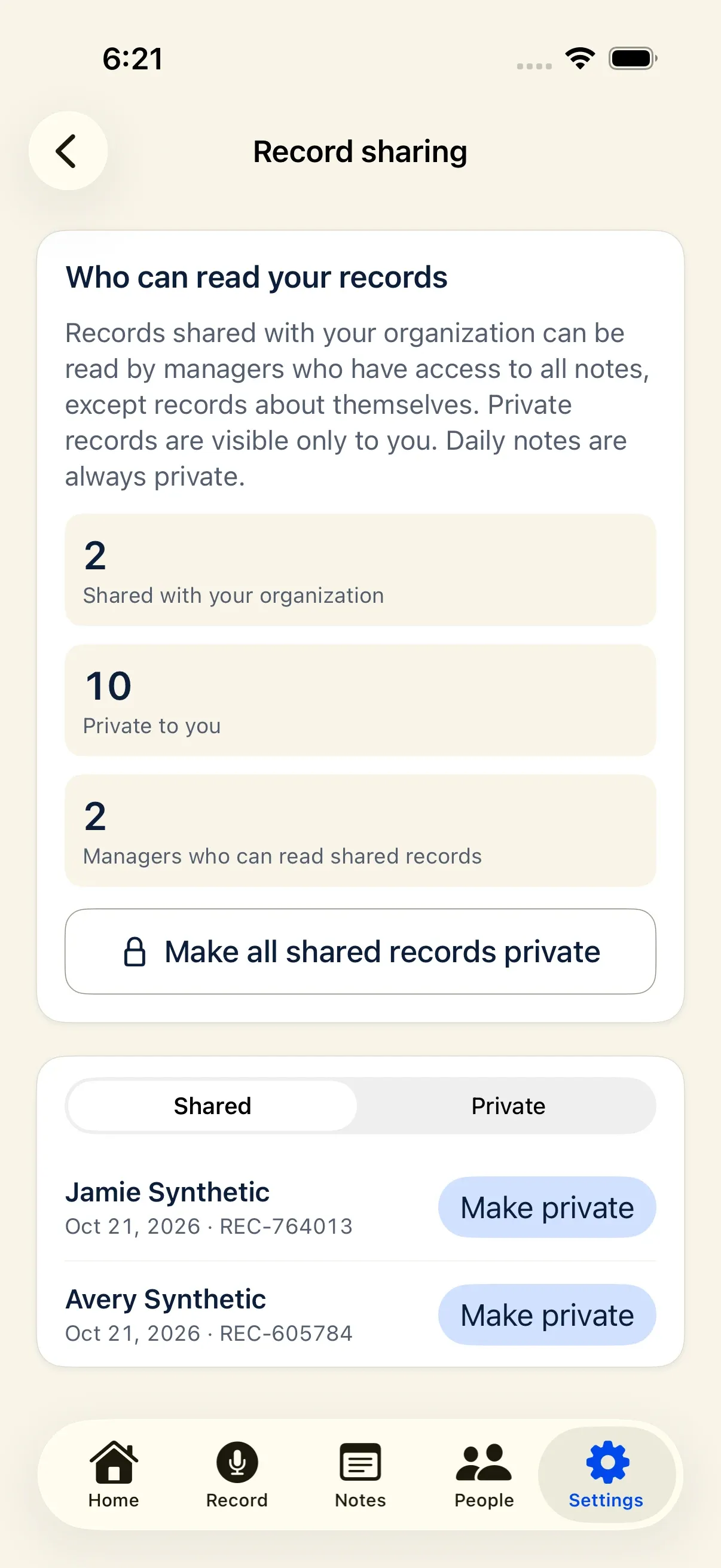 iPhone Record sharing screen showing shared and private record counts and per-record controls